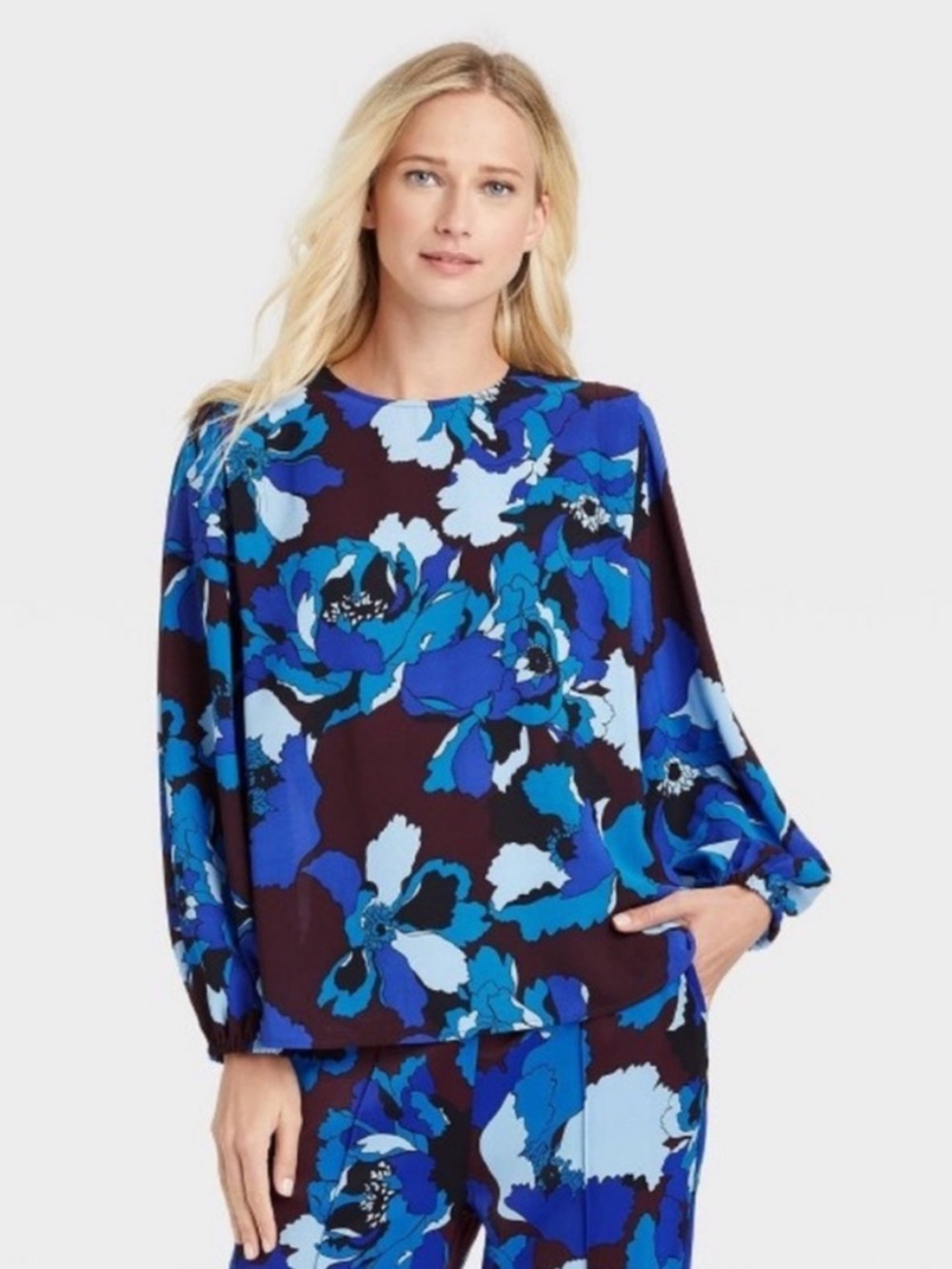Who What Wear Bold Blue Floral Bishop-Sleeve Blouse